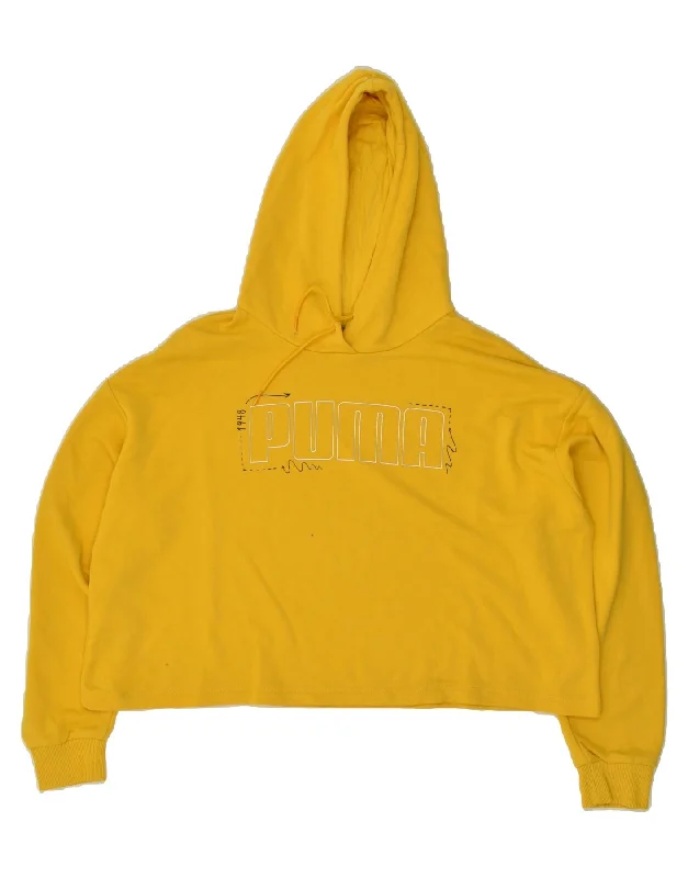 PUMA Womens Graphic Crop Hoodie Jumper UK 16 Large Yellow Cotton Hoodie with Monochrome Minimalist Simple