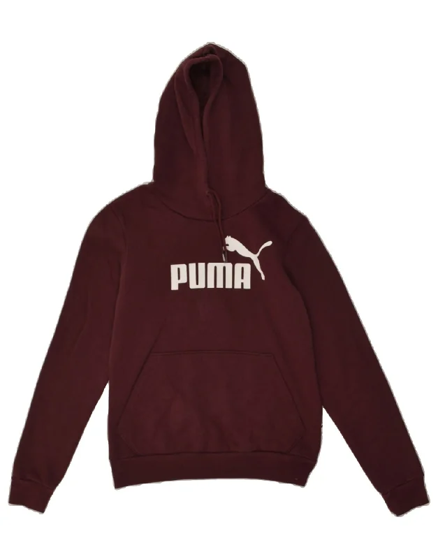 PUMA Womens Graphic Hoodie Jumper UK 10  Small  Burgundy Cotton Hoodie with Stripes Bold Sporty