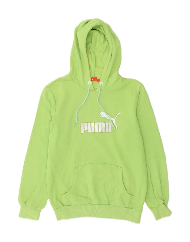 PUMA Womens Graphic Hoodie Jumper UK 12 Medium Green Cotton Hoodie with Puffed Sleeves Voluminous Trendy