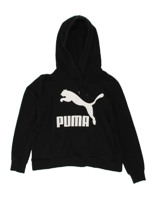 PUMA Womens Graphic Hoodie Jumper UK 14 Medium Black Cotton Hoodie with Drop Shoulder Relaxed Streetwear