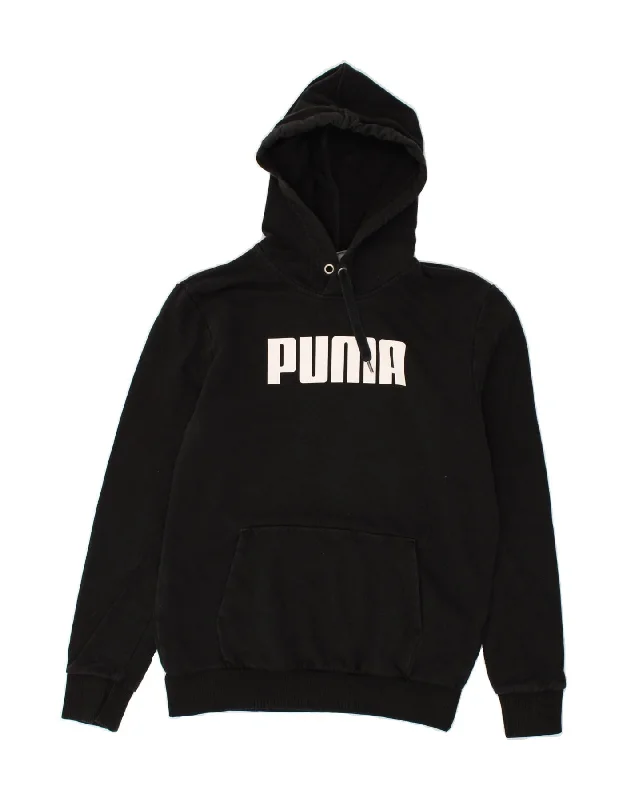 PUMA Womens Graphic Hoodie Jumper UK 14 Medium Black Cotton Hoodie with Bell Sleeves Flared Feminine