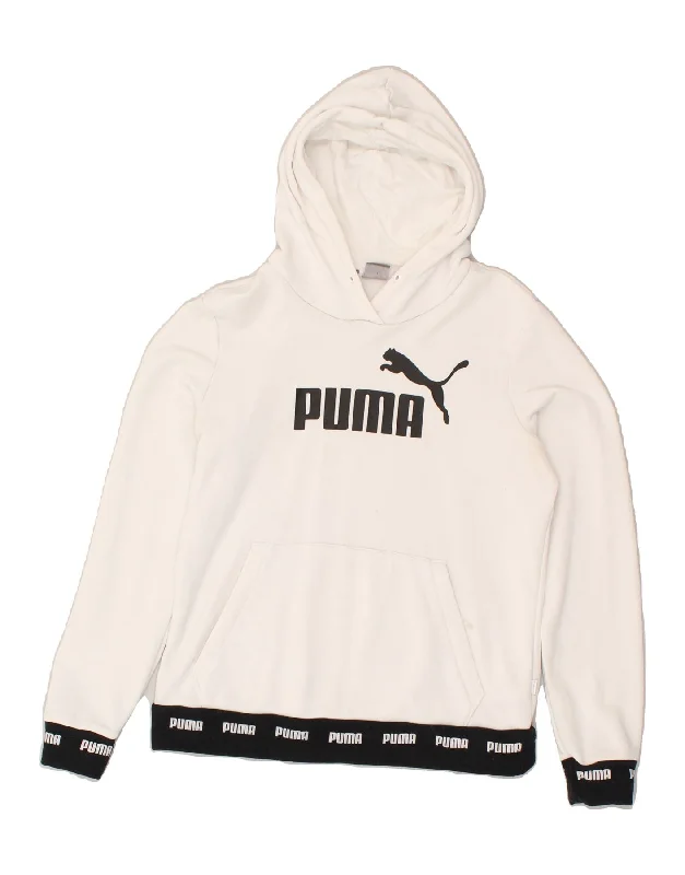 PUMA Womens Graphic Hoodie Jumper UK 14 Medium White Hoodie with Toggle Buttons Decorative Unique