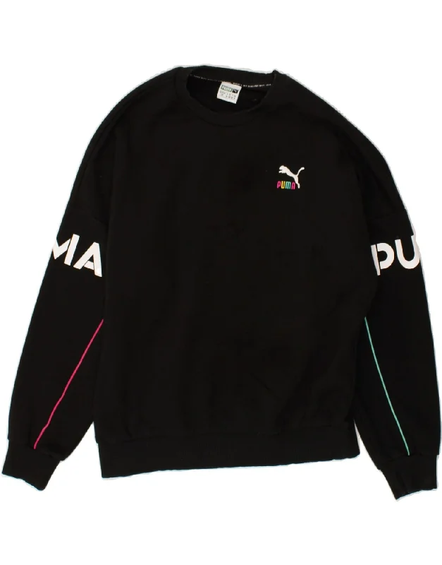 PUMA Womens Graphic Sweatshirt Jumper UK 10 Small Black Cotton Hoodie with Button Placket Classic Preppy