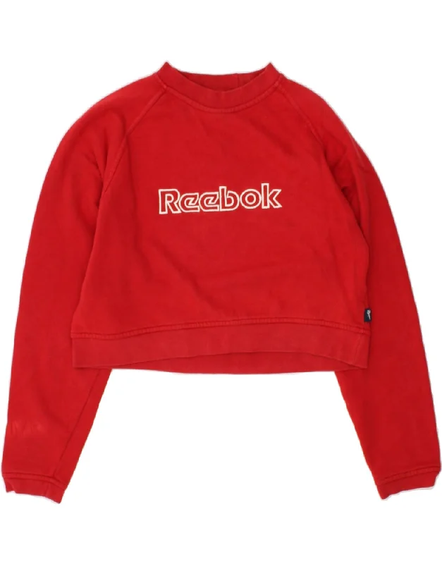 REEBOK Womens Graphic Crop Sweatshirt Jumper UK 14 Medium Red Cotton Hoodie with Monochrome Minimalist Simple