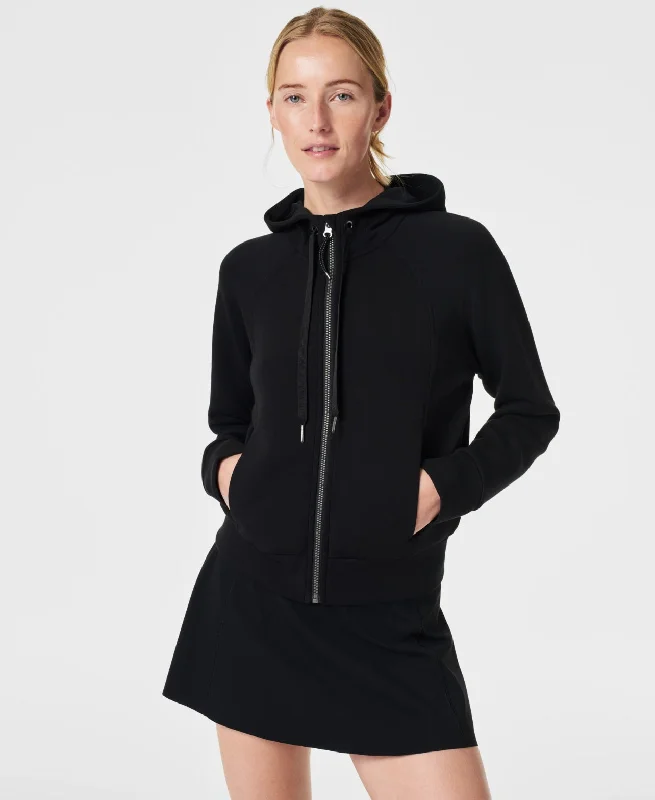 Spanx: AirEssentials Full Zip Hoodie in Very Black Hoodie with Front Slit Layering Stylish