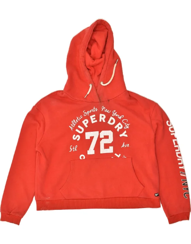 SUPERDRY Womens Crop Graphic Hoodie Jumper UK 16 Large Red Cotton Hoodie Sweatshirt Pullover