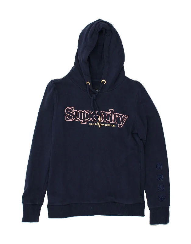 SUPERDRY Womens Graphic Hoodie Jumper UK 10 Small Navy Blue Cotton Hoodie with Hem Elastic Stretchable Comfortable