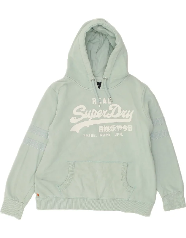 SUPERDRY Womens Graphic Hoodie Jumper UK 12 Medium  Blue Cotton Hoodie with Slit Hem Functional Movement