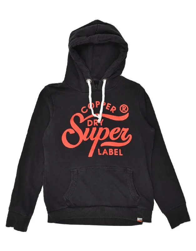 SUPERDRY Womens Graphic Hoodie Jumper UK 14 Large Black Cotton Hoodie with Fur Luxurious Winter