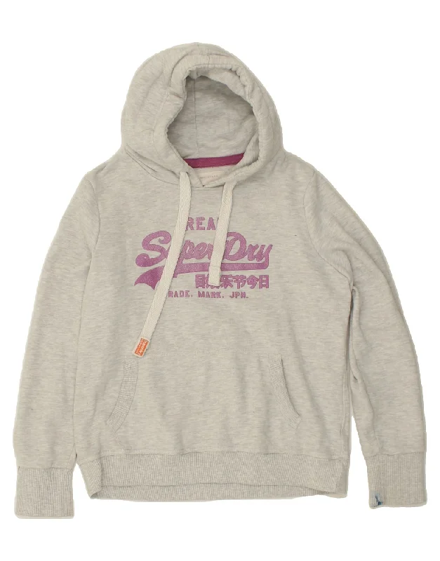 SUPERDRY Womens Graphic Hoodie Jumper UK 18 XL Grey Cotton Hoodie with Hem Raw Edge Edgy Unfinished