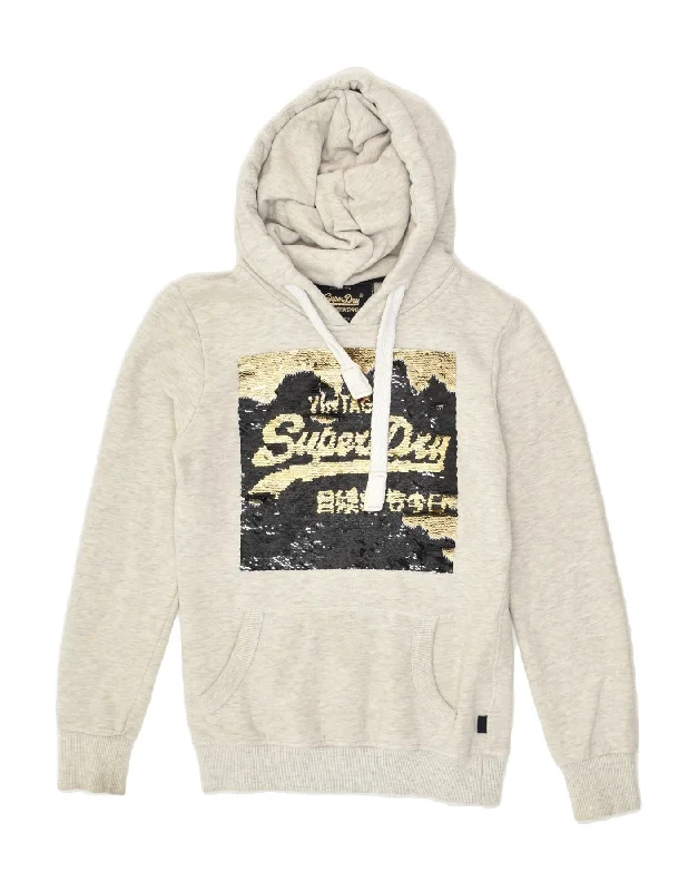 SUPERDRY Womens Graphic Hoodie Jumper UK 6 XS  Grey Hoodie with Metallic Shiny Futuristic