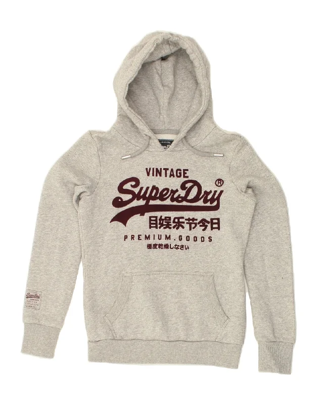 SUPERDRY Womens Graphic Hoodie Jumper UK 8 Small Grey Cotton Hoodie with Lining Warm Insulated