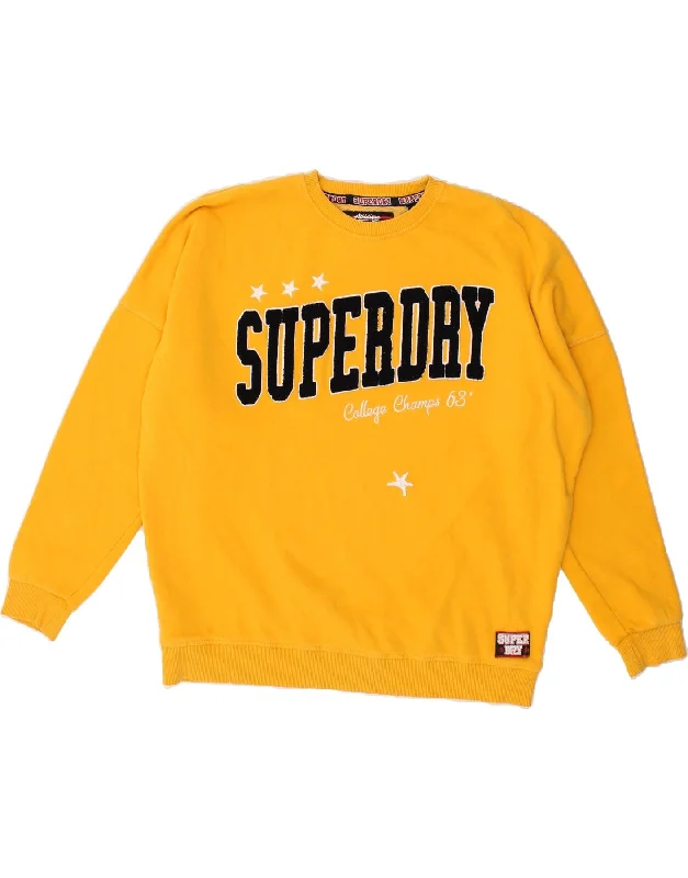 SUPERDRY Womens Graphic Sweatshirt Jumper UK 12 Medium Yellow Cotton Hooded Sweatshirt Casual Wear Street Style