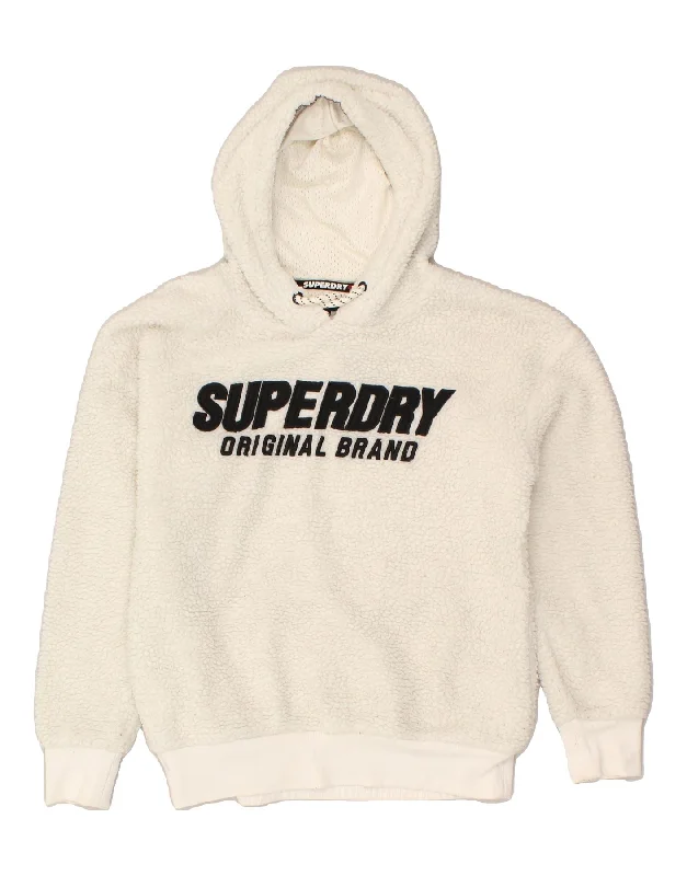 SUPERDRY Womens Hooded Fleece Jumper UK 12 Medium White Polyester Hoodie with Patch Decorative Personalized