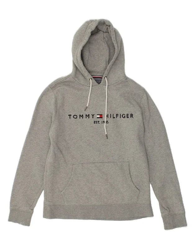 TOMMY HILFIGER Womens Graphic Hoodie Jumper Large Grey Cotton Hoodie with Typography Text Message