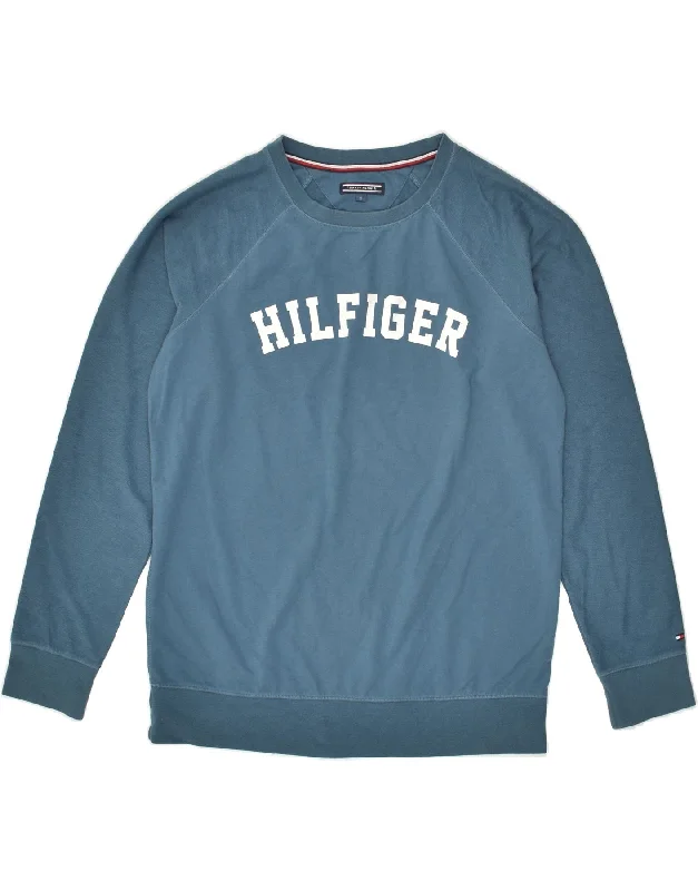 TOMMY HILFIGER Womens Graphic Sweatshirt Jumper UK 10 Small Blue Cotton Hoodie with Fur Luxurious Winter