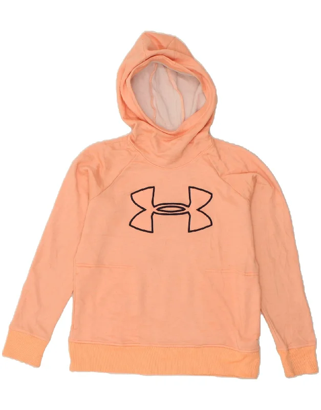 UNDER ARMOUR Womens Cold Gear Graphic Hoodie Jumper UK 14 Medium Orange Hoodie with Frayed Bohemian Relaxed