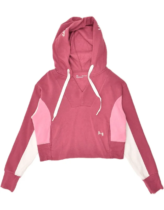 UNDER ARMOUR Womens Crop Hoodie Jumper UK 4 XS Pink Colourblock Cotton Hoodie with Side Slits Relaxed Casual