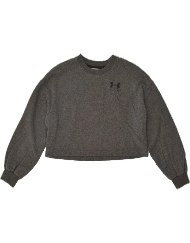 UNDER ARMOUR Womens Crop Sweatshirt Jumper UK 6 XS Grey Cotton Hoodie with Slit Hem Functional Movement