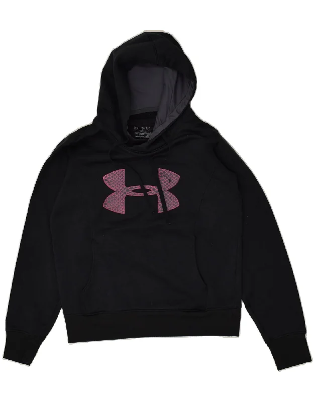 UNDER ARMOUR Womens Graphic Hoodie Jumper UK 10 Small Black Polyester Graphic Hoodie Design Print