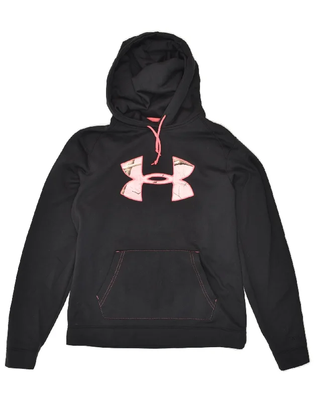 UNDER ARMOUR Womens Graphic Hoodie Jumper UK 14 Medium Black Polyester Hoodie with Tie-Dye Psychedelic Retro