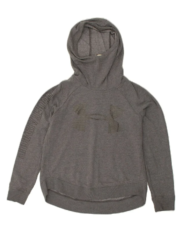 UNDER ARMOUR Womens Graphic Hoodie Jumper UK 14 Medium Grey Hoodie with Emblem Brand Identity