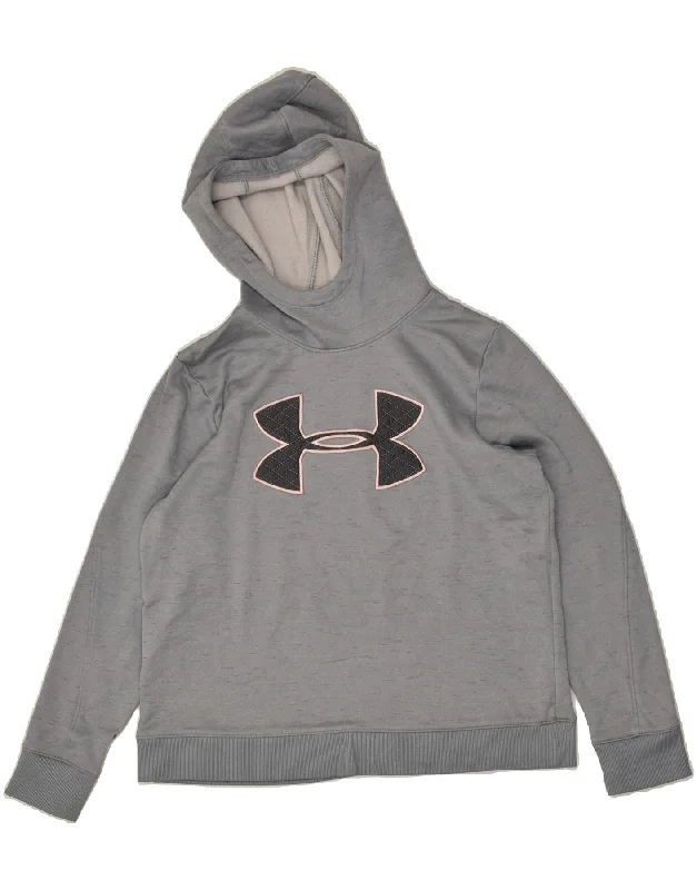 UNDER ARMOUR Womens Graphic Hoodie Jumper UK 16 Large Grey Cotton Hoodie Crop Top Short Trendy