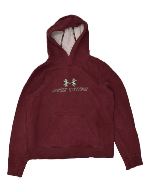 UNDER ARMOUR Womens Graphic Hoodie Jumper UK 18 XL Burgundy Cotton Hoodie with Logo Branding Identity