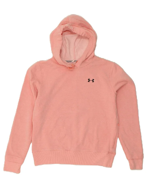 UNDER ARMOUR Womens Hoodie Jumper UK 10 Small Pink Hoodie with Contrast Stitching Detailed Premium