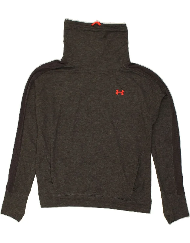 UNDER ARMOUR Womens Roll Neck Sweatshirt Jumper UK 16 Large Grey Hoodie with Fur Luxurious Winter