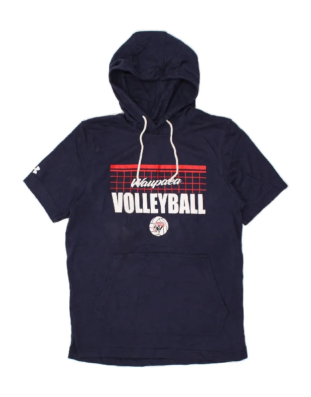 UNDER ARMOUR Womens Short Sleeve Hoodie Jumper UK 10 Small Navy Blue Hoodie with Mesh Breathable Sporty