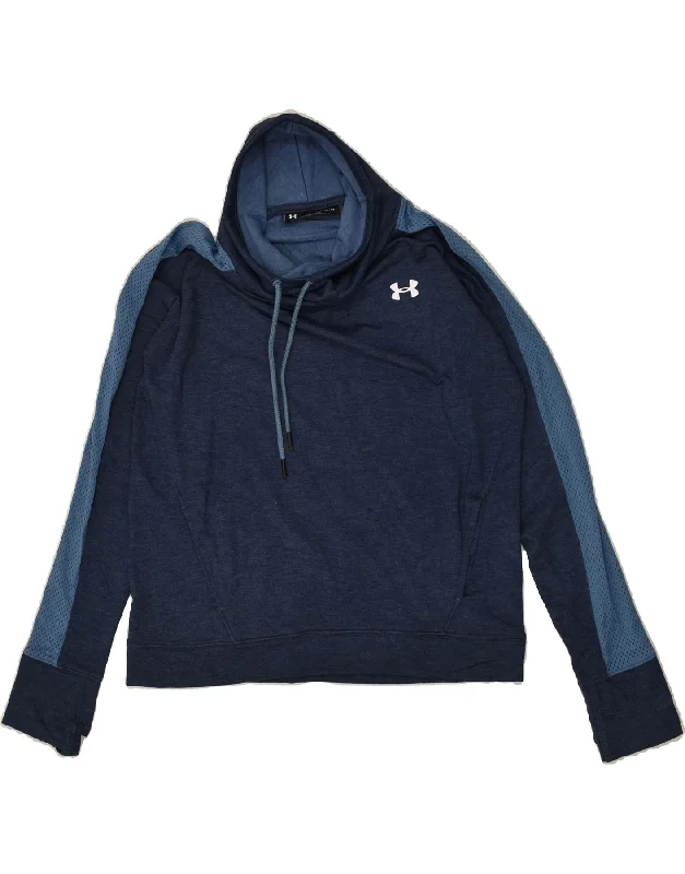 UNDER ARMOUR Womens Sweatshirt Jumper UK 14 Medium Navy Blue Colourblock Hooded Sweatshirt Casual Wear Street Style