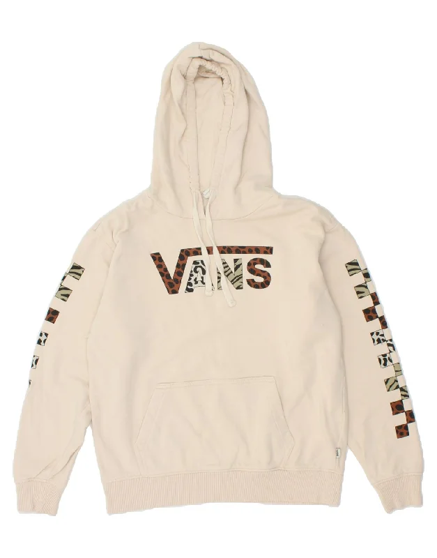 VANS Womens Graphic Hoodie Jumper UK 10 Small Beige Cotton Hoodie with Hidden Zipper Minimalist Clean