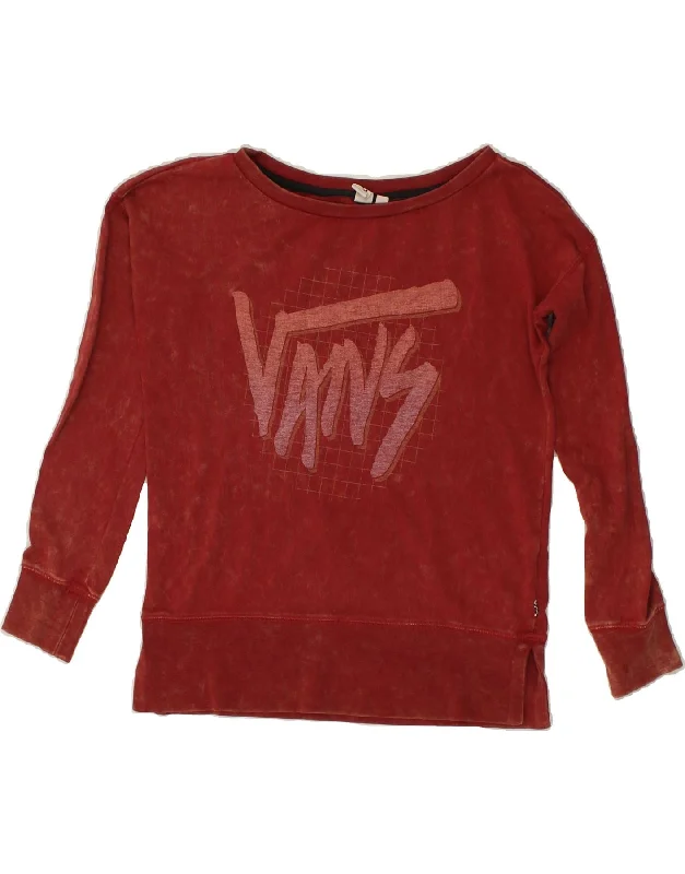 VANS Womens Oversized Graphic Sweatshirt Jumper UK 6 XS Burgundy Cotton Hoodie with Hidden Zipper Minimalist Clean