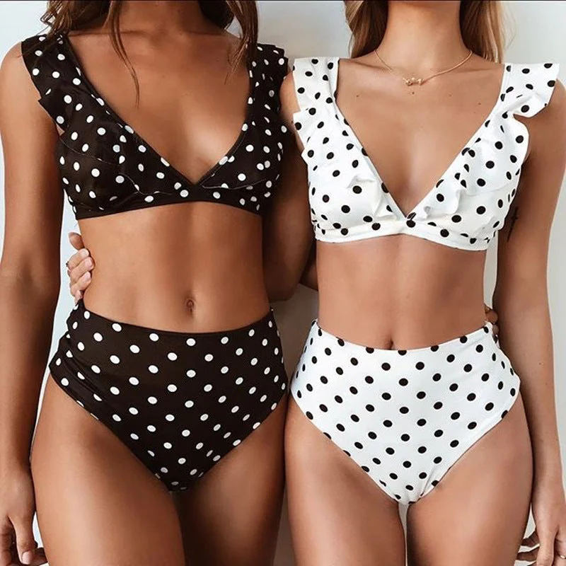 2pcs Black And White Polka Dot Print Swimsuit Sexy Ruffled Deep V-neck Bikini Set Summer Beach Womens Clothing Tie-Back Swimwear