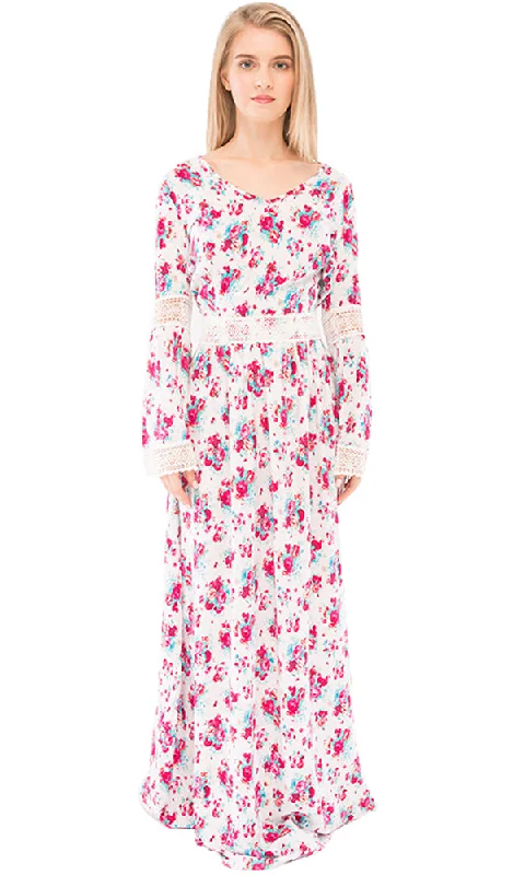 38909 Floral Maxi Dress - White & Fuchsia Chic Boho Print Maxi Dress