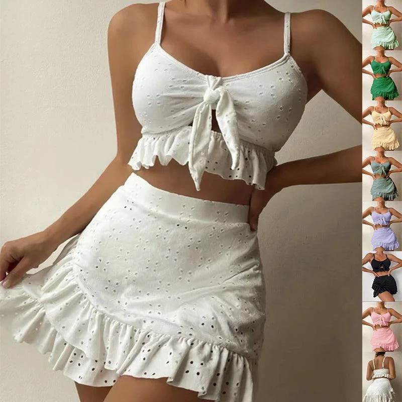 3pcs Beach Bikini With Hip-hugging Skirt Fashion Ruffle Design Swimsuit Set Summer Womens Clothing Cross-Back Bikini