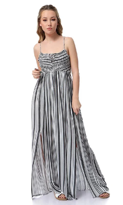 53376 Lace Up Sleeves Striped Black & White Maxi Dress Trendy Maxi Dress with Bow