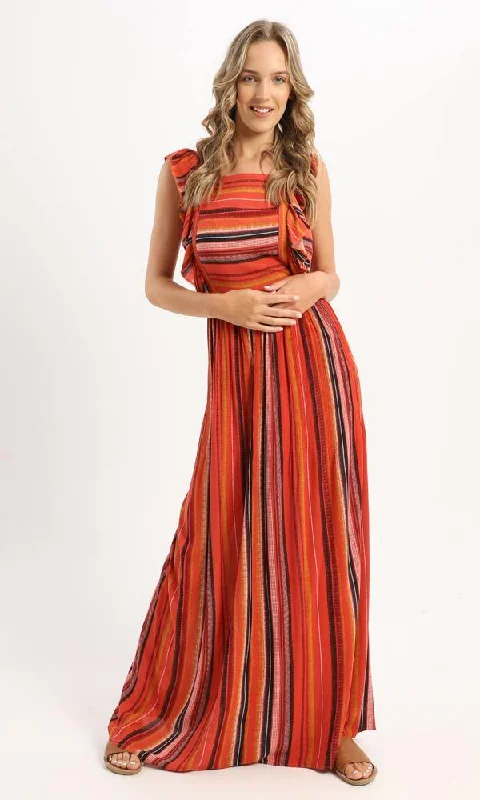 56980 Ruffle Sleeveless Striped Maxi Dress - Orange & Black Classic Tulle Maxi Dress