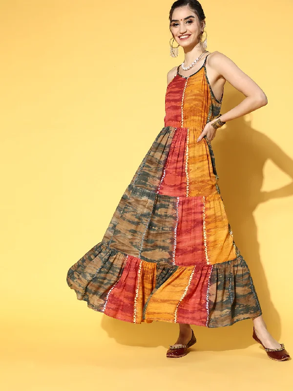 Women Mustard Yellow Tie And Dye Dyed Maxi Dress Classic V-Neck Maxi Dress