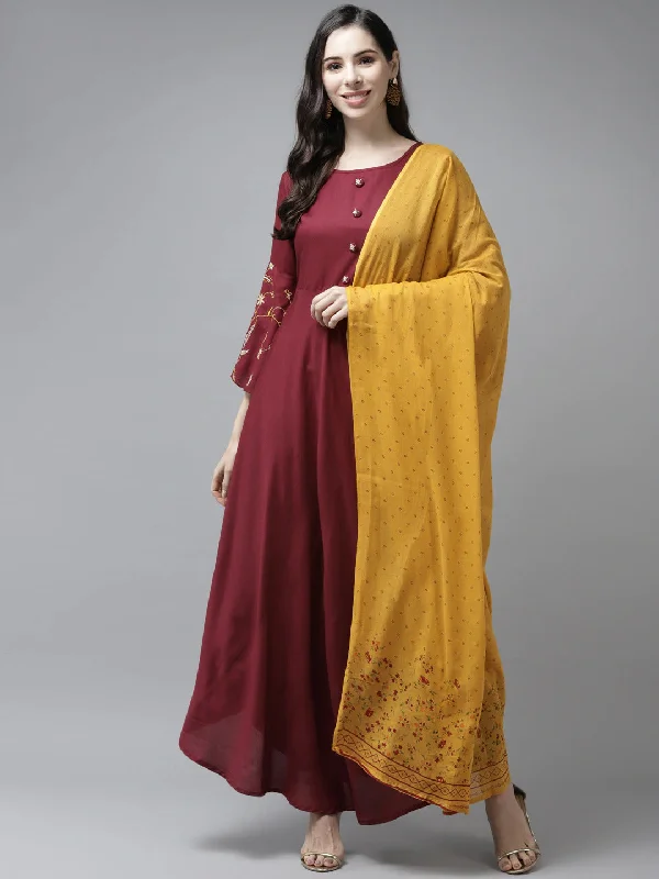 Women Maroon Solid Rayon Maxi Dress Wirh Dupatta Trendy Satin Maxi Dress