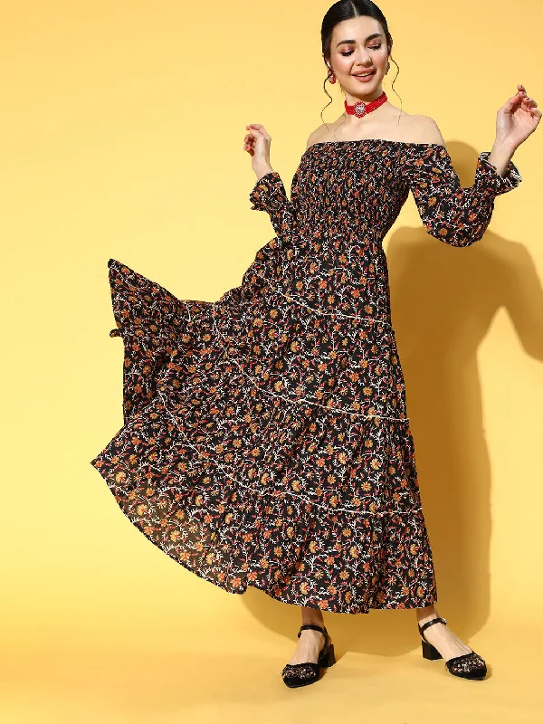 Women Black & Mustard Yellow Ethnic Motifs Off-Shoulder Maxi Dress Elegant Silk Maxi Dress