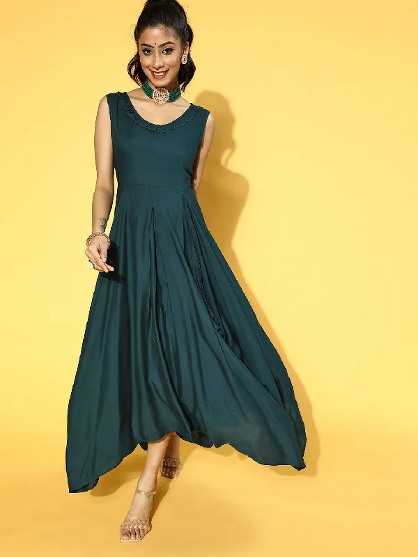 Women Teal Green Solid Viscose Rayon Liva Maxi Dress Chic Summer Maxi Dress