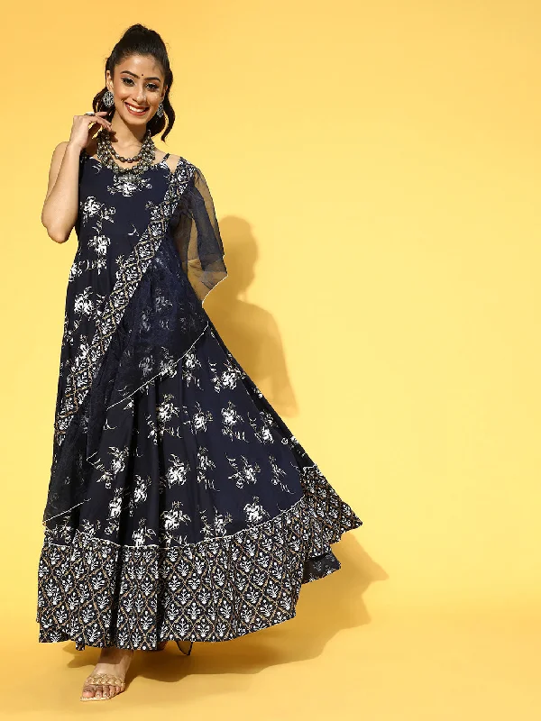 Women Navy Blue & White Ethnic Motifs Shoulder Straps Ruffles Dupatta Maxi Dress Chic Boho Print Maxi Dress