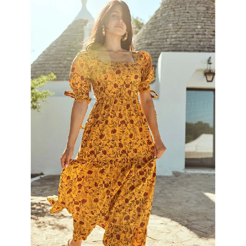 Barbara Maxi Dress - Golden Marguerite & Chili Floral Print Elegant Velvet Maxi Dress