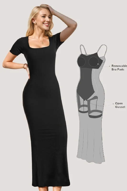 Basic Bae Built-In Shapewear Square Neck Short Sleeve Maxi Dress Trendy Ruffled Maxi Dress