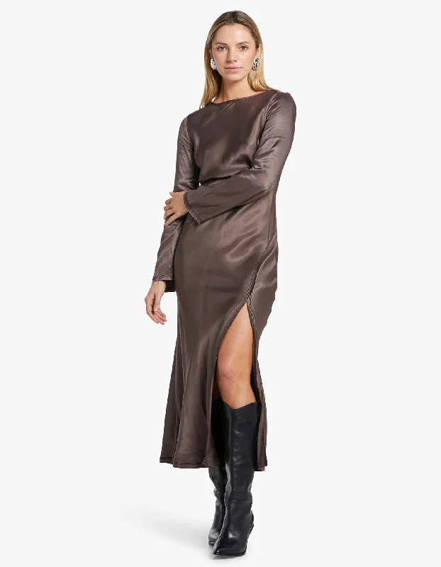 Kai L/S Split Maxi Dress - Pewter Stylish Off-Shoulder Maxi Dress