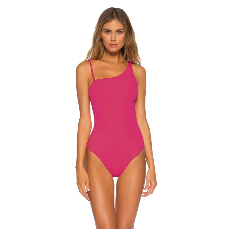 Becca Fine Line Asymmetrical Raspberry One Piece Womens Swimsuit Deep-V Swimsuit Design