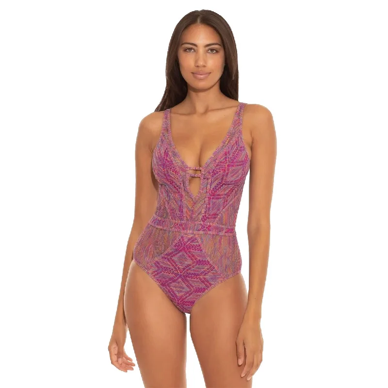 Becca Mosaic Show and Tell Plunge Berry One Piece Womens Swimsuit Halter Neck Swimsuit