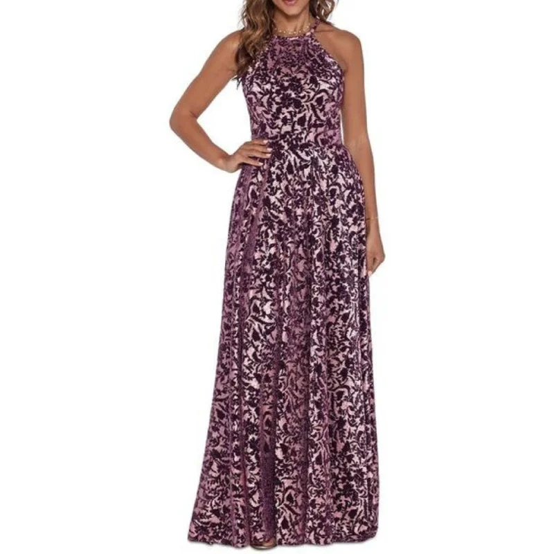 BETSY & ADAM - Metallic Burnout Halter Maxi Dress Trendy Maxi Dress with Lace